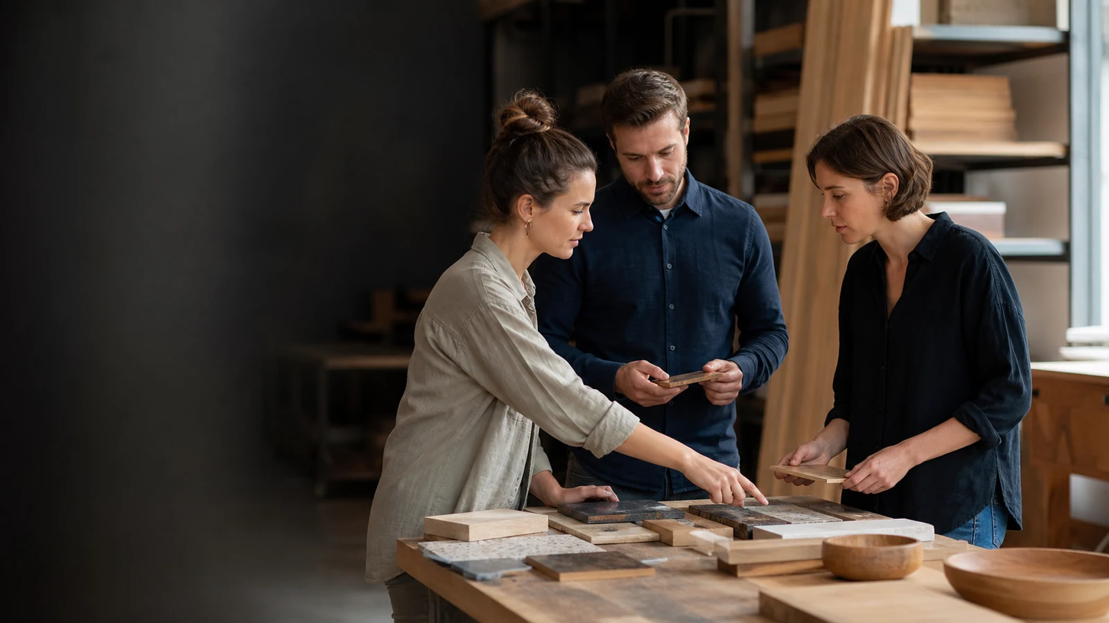 Équipe professionnelle échangeant autour d’échantillons dans un atelier
